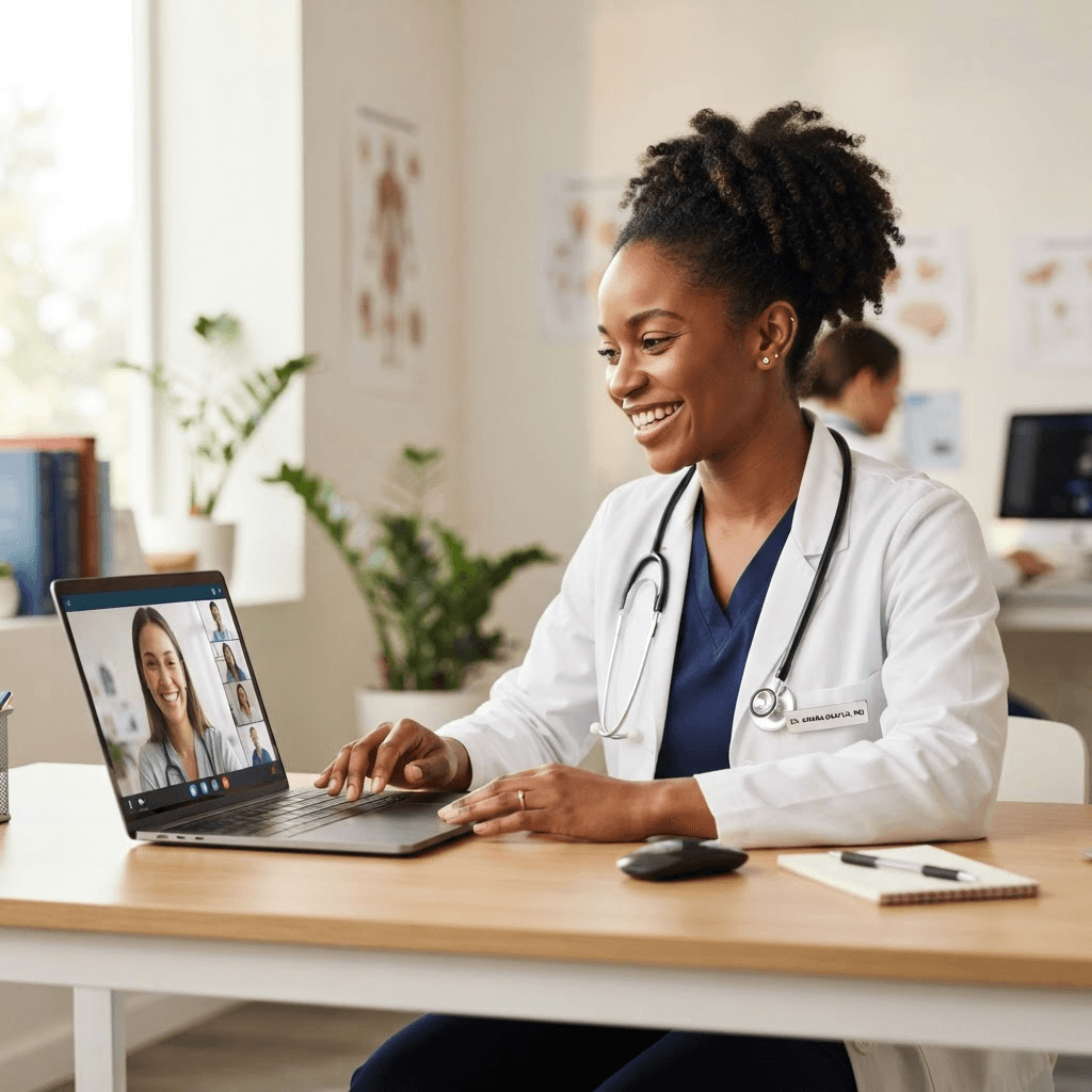 Médica em teleconsulta pelo notebook