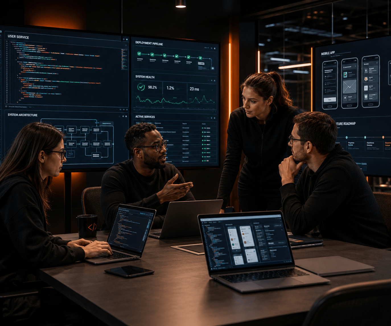 Equipe da Armel-x Tecnologia analisando dashboards de arquitetura, pipeline de deploy e aplicativo mobile