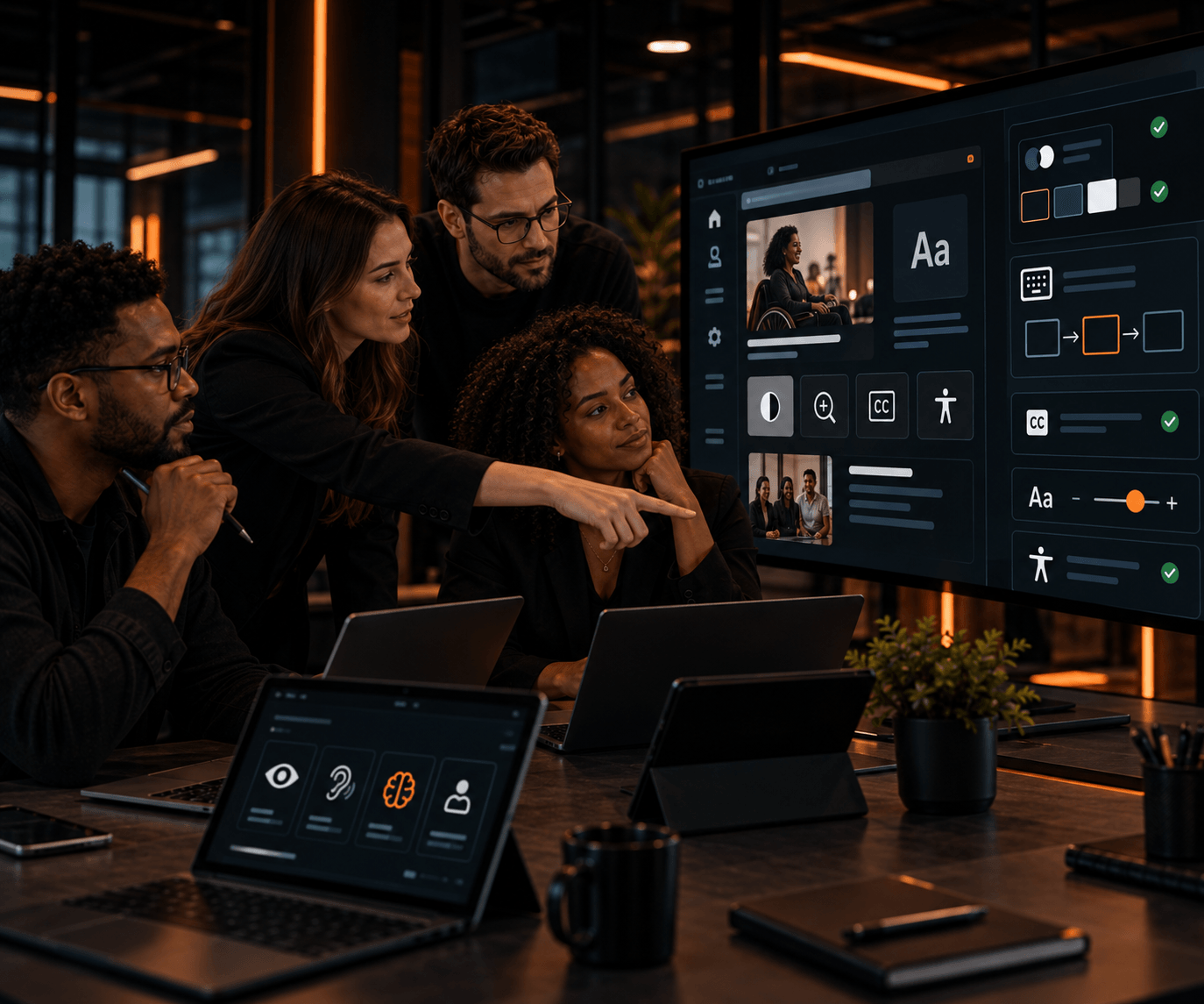 Painel de acessibilidade digital com controles de contraste, legenda e tamanho de fonte